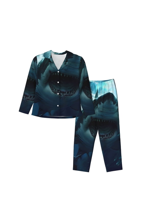Undersea Shark Pattern Women’s Long-Sleeve Sleepwear Set - Soft 2-Piece Loungewear with Pockets, Comfy PJs for Relaxing Nights-X-Large