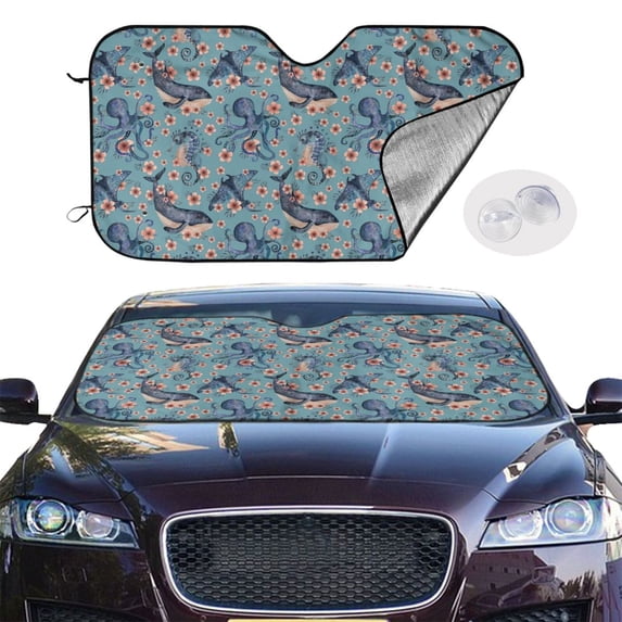 Picia Underwater Animals and Flowers Curved Windshield Sunshade Accordion Folding Style Auto Shade for Car Truck SUV Van Blocks UV Ray Sun Visor Protector -Small