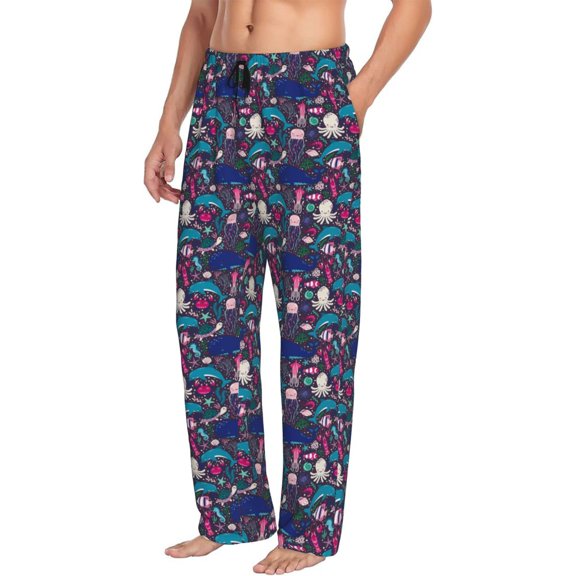 Picia Underwater Animals Mens Soft Woven Cotton Elastic Waistband Sleep Pajama Pant Lounge Sleep Pant With Pockets And Drawstring-Small
