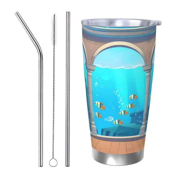 Picia Underwater Aquarium Arches Pattern 20 oz Tumbler Stainless Steel Vacuum Insulated Coffee Ice Cup Double Wall Travel Flask Dual Lid Water Bottle, Eco-friendly Car Cup-Straw Three-piece Set