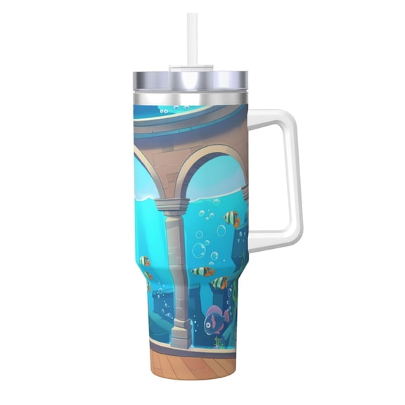 Picia Underwater Aquarium Arches Pattern 40oz Ice Bully Insulated Tumbler with Handle, Double-Wall Stainless Steel Cup, Leak-Proof Lid and Straw