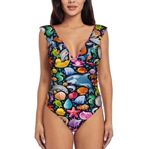 Picia Underwater Diving Animals Blooming Jelly Womens Tummy Control Bathing Suits Slimming Ruffle Swimsuit One Piece Lace Swimwear-