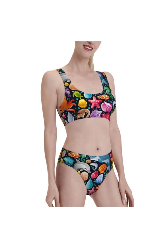 Underwater Diving Animals Women's High Waisted Bikini Scoop Neck Swimsuit Two Pieces Bathing Suit-Medium