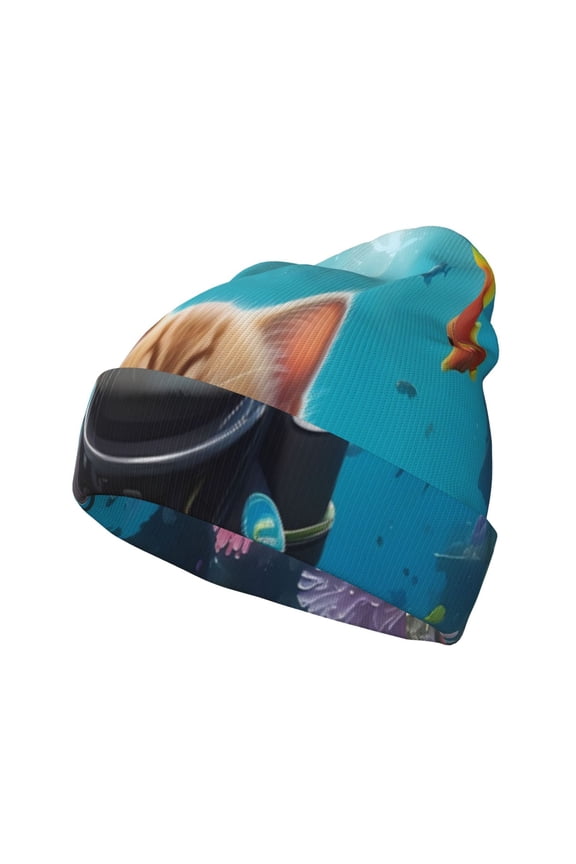 Underwater Diving Cat Pattern Knitted Beanie Hat for Men and Women , Unisex Winter Warm Stretchy Knit Cap Thick Fisherman Beanies Cuffed Plain Skull Caps
