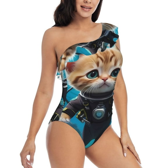 Picia Underwater Diving Cat Pattern Women's One Piece Swimsuits,One Shoulder Swimwear Asymmetric ,Ruffle Monokinis Bathing Suits,High Waisted Flattering Bathing Suits-Medium