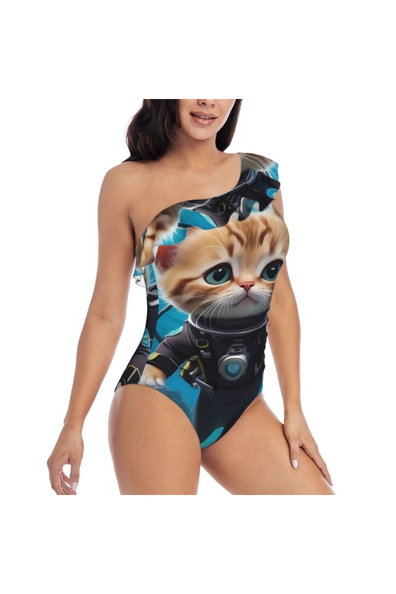 Underwater Diving Cat Pattern Women's One Piece Swimsuits,One Shoulder Swimwear Asymmetric ,Ruffle Monokinis Bathing Suits,High Waisted Flattering Bathing Suits-Medium