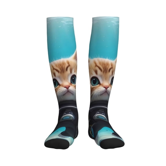 Picia Underwater Diving Cat Printed Sports Compression Socks - 15-20mmHg Graduated Compression, High-Performance Soft and Breathable Socks for Men and Women