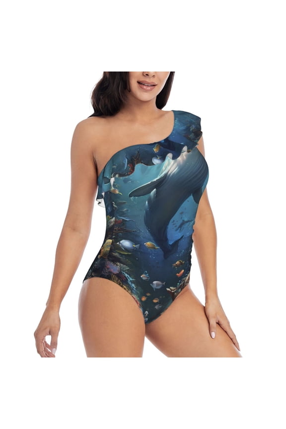 Underwater Dolphin Pattern Women's One Piece Swimsuits,One Shoulder Swimwear Asymmetric ,Ruffle Monokinis Bathing Suits,High Waisted Flattering Bathing Suits-XX-Large