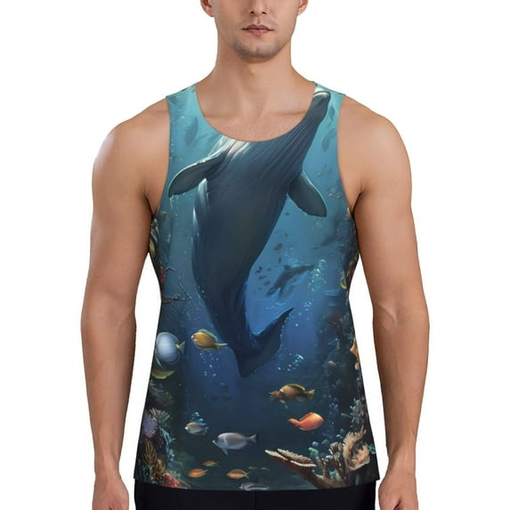 Picia Underwater Dolphin Printed Men’s Performance Tank, Men's Workout Tank Top Moisture-Wicking Tank Top Muscle tee, Breathable Workout Shirt-3X-Large
