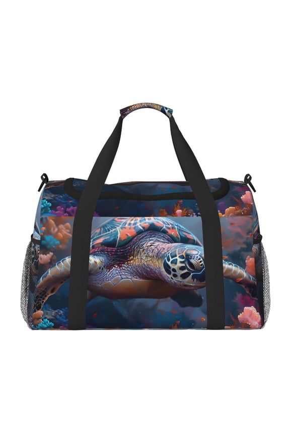 Underwater Lazy Turtle Print Travel Duffle Bag,Weekender Bags for Women with Shoe Compartment, Gym Duffel Bag with Wet Pocket, Hospital Bags for Labor and Delivery