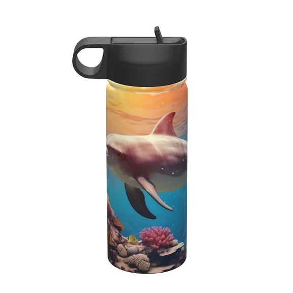 Picia Underwater Plant Dolphin Pattern 18oz Sports Insulated Kettle With Straw Insulated Water Bottle For Running Hiking Cycling Climbing Men'S Woman Insulated Water Bottle
