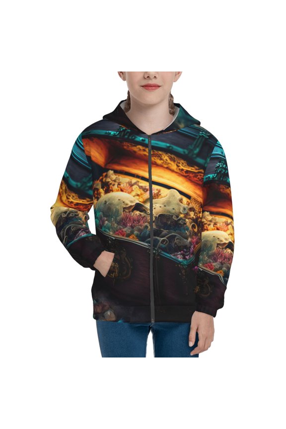 Underwater Treasure Chest for Boys Fashion Full-zip Hoodies & Sweatshirts with Kangaroo Pocket,Zip-up Hooded Sweatshirt for Kid, Moisture Wicking & Breathable-Medium