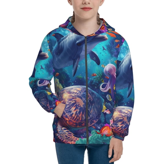 Picia Underwater Turtle Dolphin Octopus for Boys Fashion Full-zip Hoodies & Sweatshirts with Kangaroo Pocket,Zip-up Hooded Sweatshirt for Kid, Moisture Wicking & Breathable-Medium