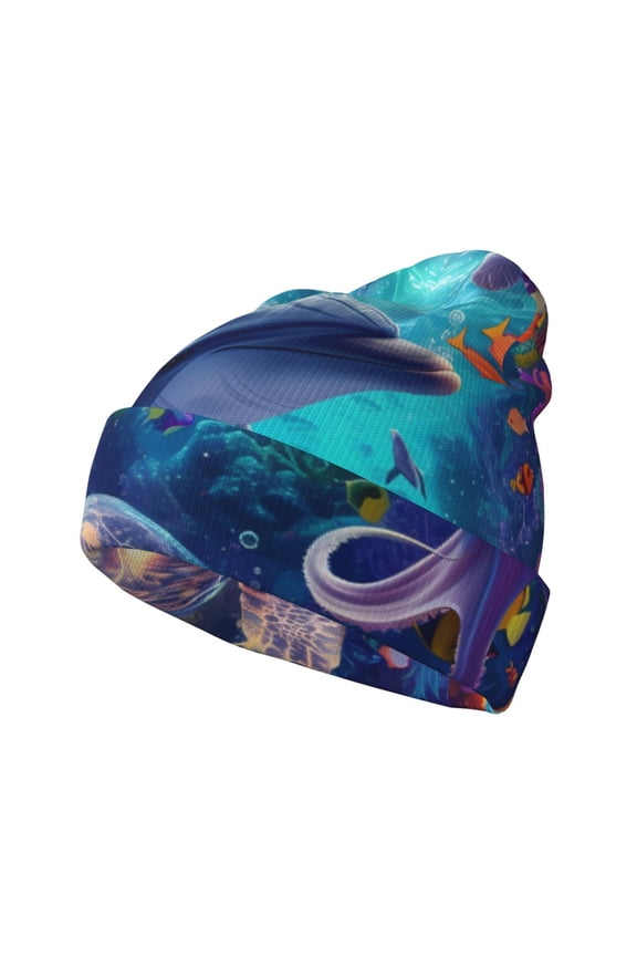 Underwater Turtle Dolphin Octopus Pattern Knitted Beanie Hat for Men and Women , Unisex Winter Warm Stretchy Knit Cap Thick Fisherman Beanies Cuffed Plain Skull Caps
