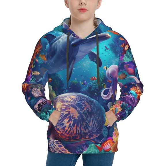 Picia Underwater Turtle Dolphin Octopus Pattern Youth Hoodie - Warm Pullover Sweatshirt with Kangaroo Pocket, Ideal for Boys and Girls-Large