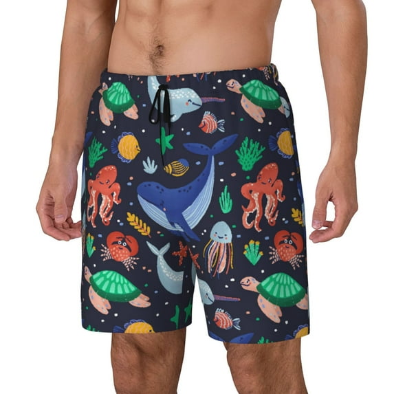Picia The Underwater World pattern Mens Swim Trunks with Compression Liner Stretch Beach Shorts Quick Dry with Zipper Pockets No-Chafing Board Shorts-Small