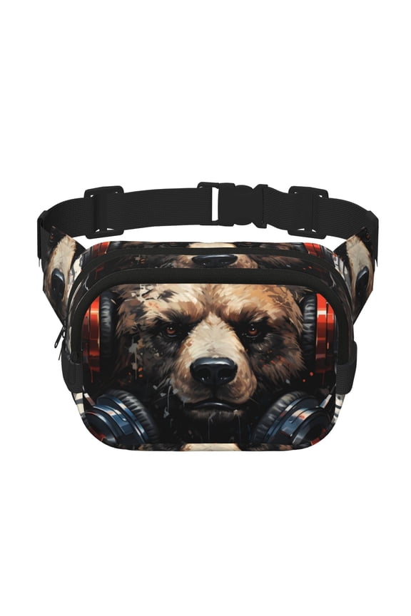 Urban Bear With Headphones Print Square Double-Layer Waist Bag Mini Adjustable Waist Belt Bag Exercise Running Travel Hiking