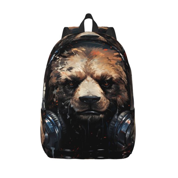 Picia Urban Bear With Headphones Printed Canvas Daypack - Stylish and Durable Vintage Compact Backpack - Class, Work, Travel, or Laptop Bookbag,Organized Compartments-Medium