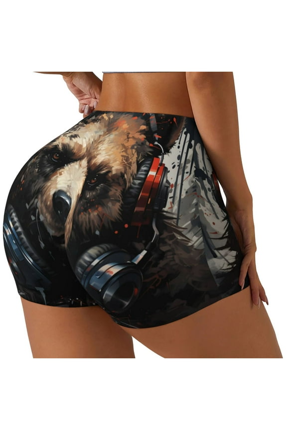 Urban Bear With Headphones Printed Workout Shorts for Women Seamless Scrunch Butt Lifting High Waisted Yoga Gym Booty Running Moisture-wicking Short Pants-X-Large