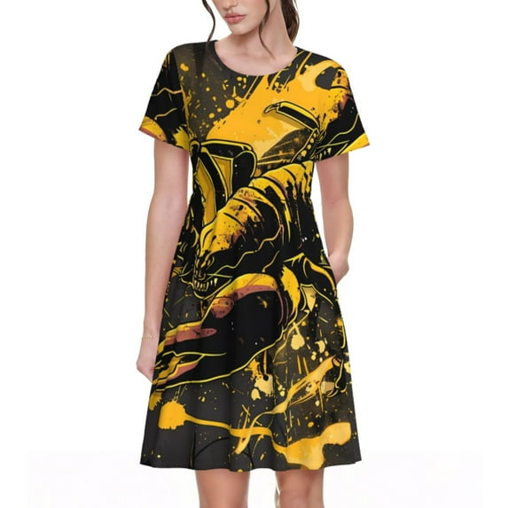 Picia Urban Graffiti Scorpion Illustration Pattern Women's Short Sleeve Summer Dress Pleated Loose Swing Knee Length Short Sleeve Swing Dresses