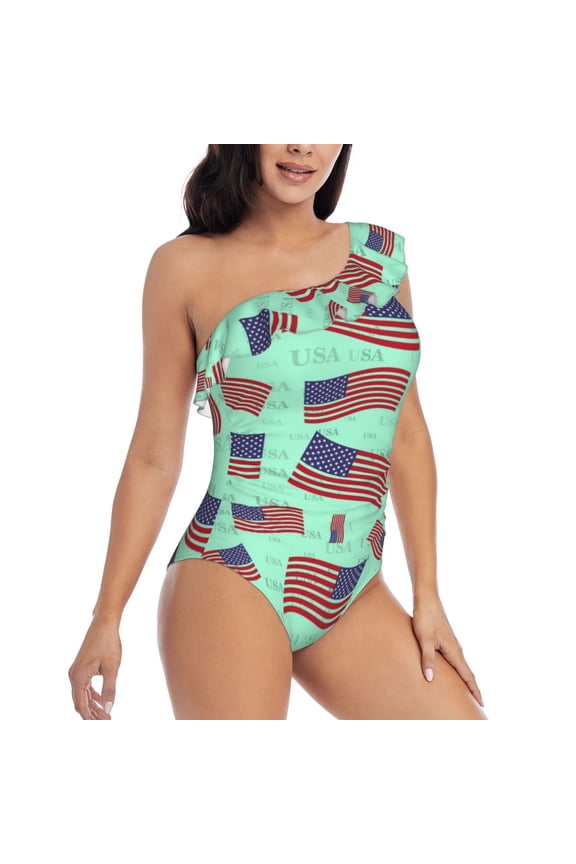 Usa Flag Pattern Women's One Piece Swimsuits,One Shoulder Swimwear Asymmetric ,Ruffle Monokinis Bathing Suits,High Waisted Flattering Bathing Suits-Medium