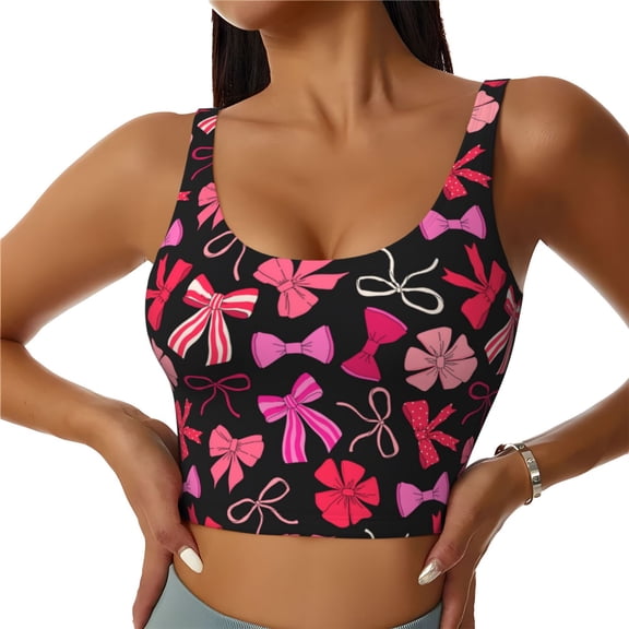Picia Various pink and red Bow knots Pattern Sports Bra for Women,Padded Strappy Sports Bras Medium Support Yoga Bra with Removable Cups,Running Yoga Bra-XX-Large