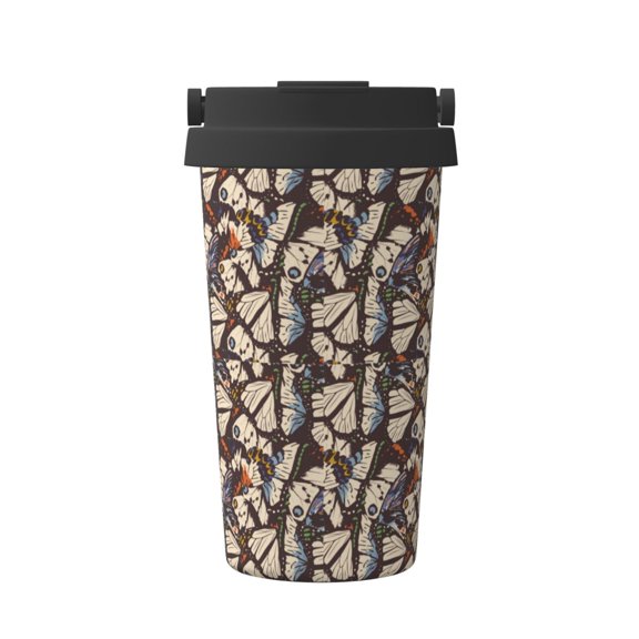 Picia Vector Butterflies Pattern 500ml Carry Insulated Coffee Mug, Stainless Steel Travel Mug with Hidden Handle, Leak-Proof for Car, Office, Home, and Outdoor Use