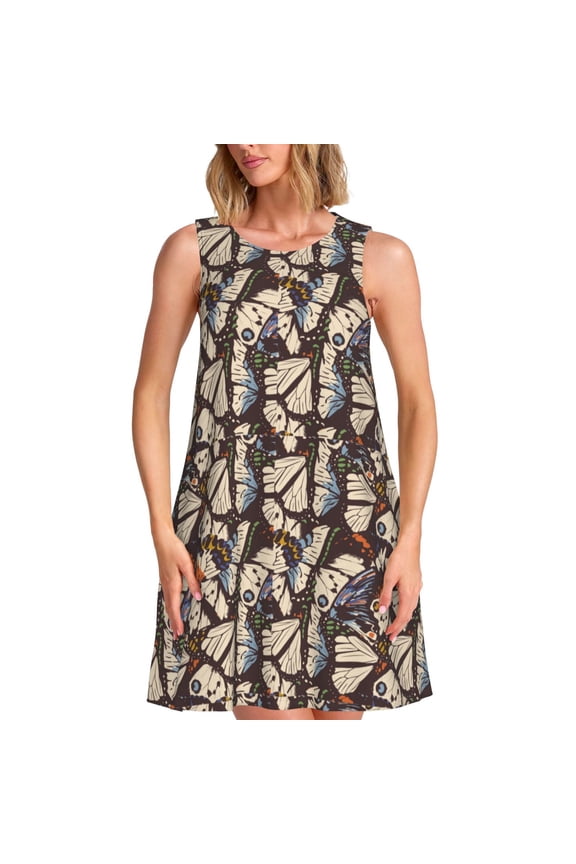 Vector Butterflies Print Women’s Sleeveless Midi Swing Dress – A-Line Pleated Tank Sundress, Comfortable and Flowy T-Shirt Dress