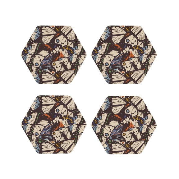 Picia Vector Butterflies Printed Leather Coasters for Drinks, 4" Drink Coasters Set of 4 for Tabletop Protection, Handmade Luxurious Home Décor and Housewarming Gift -Hexagon