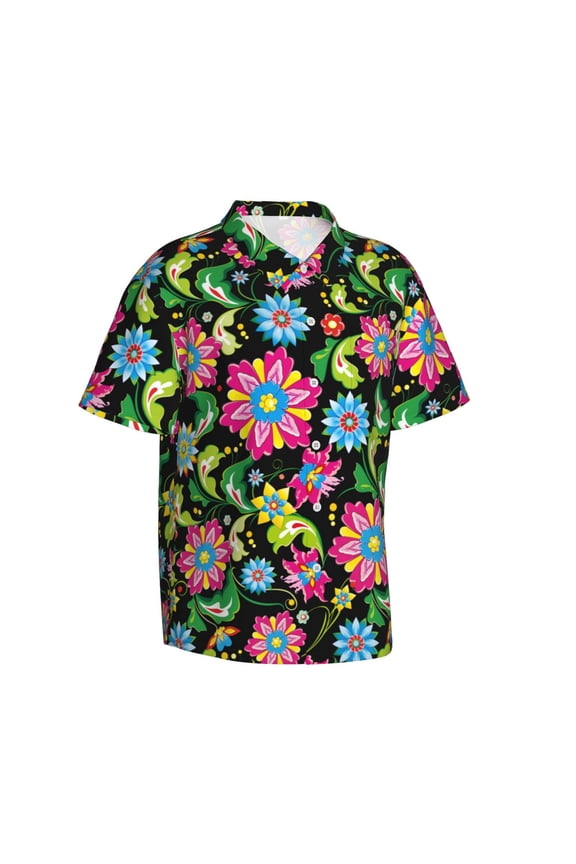 Vector Mexican Otomi Style Bright Gentle Cotton Regular Fit Short Sleeve Casual Hawaiian Shirt for Men-Large