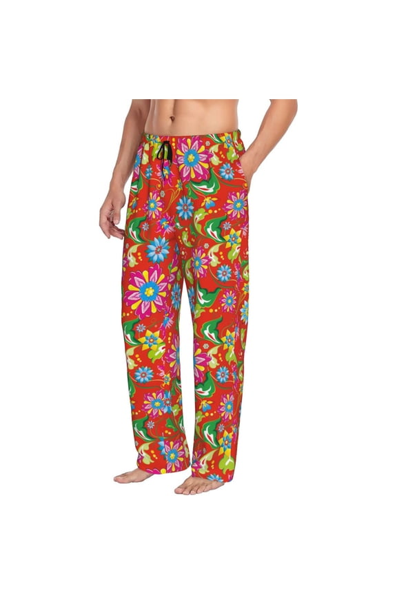 Vector Mexican Otomi Style Bright Mens Soft Woven Cotton Elastic Waistband Sleep Pajama Pant Lounge Sleep Pant With Pockets And Drawstring-Small