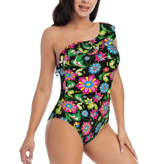 Picia Vector Mexican Otomi Style Bright Pattern Women's One Piece Swimsuits,One Shoulder Swimwear Asymmetric ,Ruffle Monokinis Bathing Suits,High Waisted Flattering Bathing Suits-