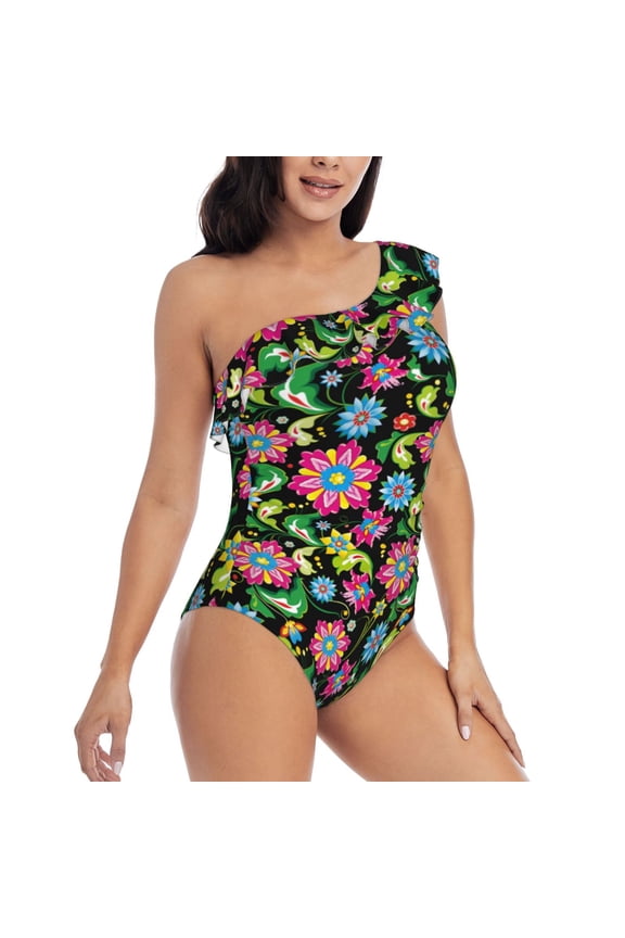 Vector Mexican Otomi Style Bright Pattern Women's One Piece Swimsuits,One Shoulder Swimwear Asymmetric ,Ruffle Monokinis Bathing Suits,High Waisted Flattering Bathing Suits-