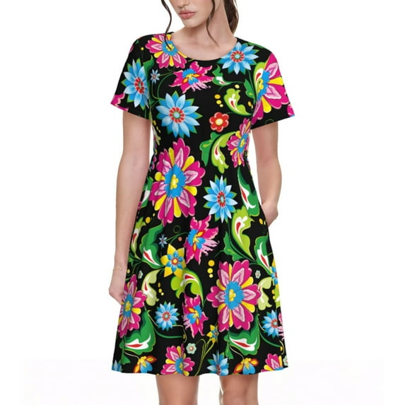 Picia Vector Mexican Otomi Style Bright Pattern Women's Short Sleeve Summer Dress Pleated Loose Swing Knee Length Short Sleeve Swing Dresses