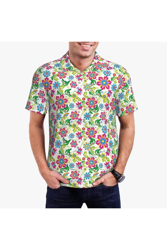 Vector Mexican Otomi Style Bright Print Men's Polo Shirt, Two-Button Closure Pique Polo Shirt, Summer Fashion Golf Shirt-Large