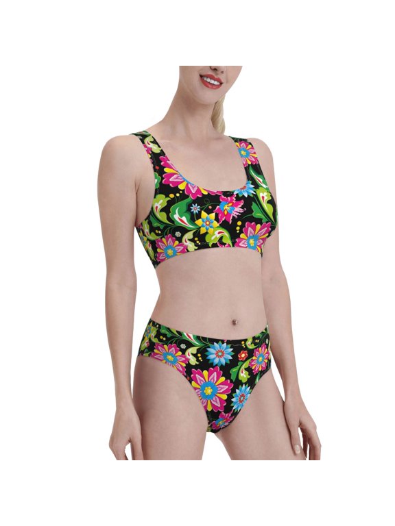 Vector Mexican Otomi Style Bright Women's High Waisted Bikini Scoop Neck Swimsuit Two Pieces Bathing Suit-Medium