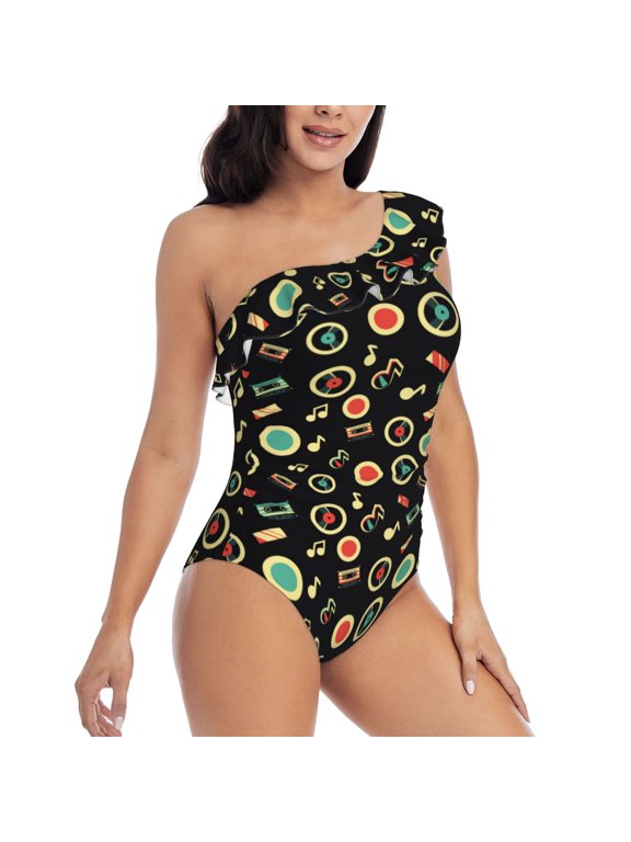 Vector Retro Music Pattern Women's One Piece Swimsuits,One Shoulder Swimwear Asymmetric ,Ruffle Monokinis Bathing Suits,High Waisted Flattering Bathing Suits-Large