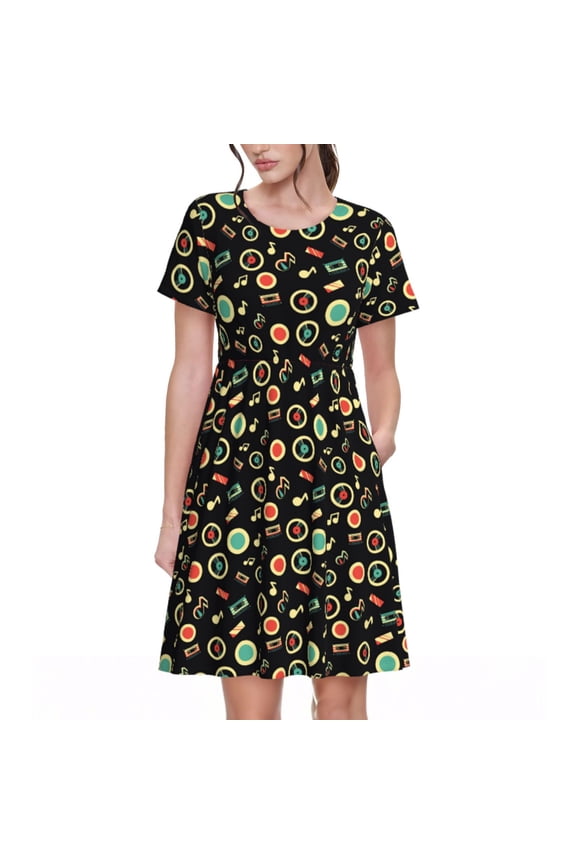 Vector Retro Music Pattern Women's Short Sleeve Summer Dress Pleated Loose Swing Knee Length Short Sleeve Swing Dresses