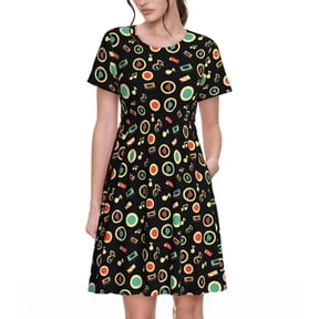 Picia Vector Retro Music Pattern Women's Short Sleeve Summer Dress Pleated Loose Swing Knee Length Short Sleeve Swing Dresses