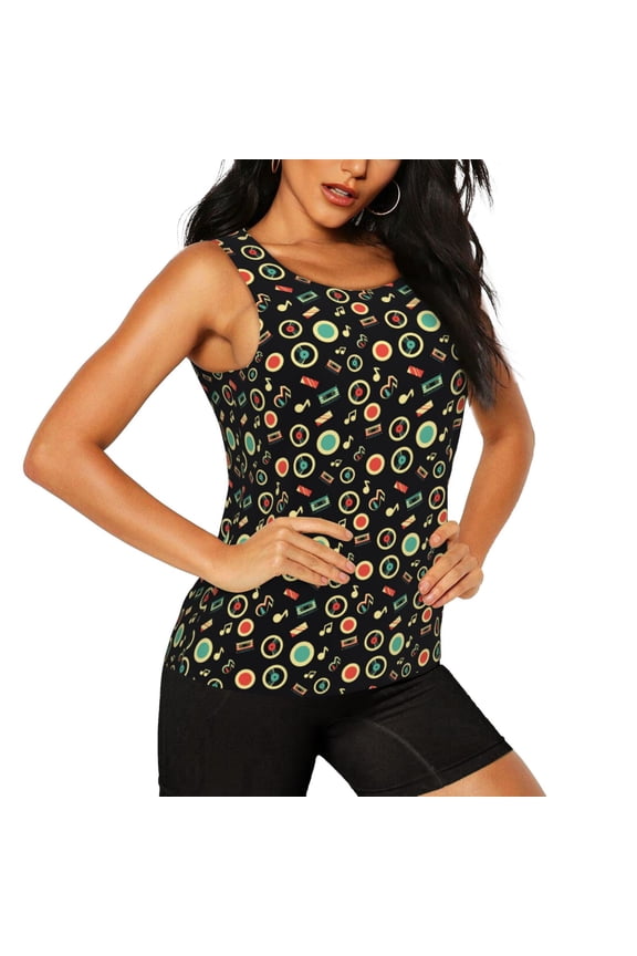 Vector Retro Music Pattern Women's Workout Tank Top,Breathable Activewear,Slim Fit Athletic Top,Versatile Workout Moisture-wicking top-Medium