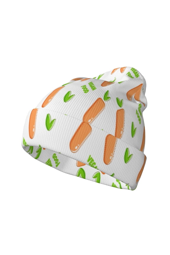 Vegan Fruit Carrot Pattern Knitted Beanie Hat for Men and Women , Unisex Winter Warm Stretchy Knit Cap Thick Fisherman Beanies Cuffed Plain Skull Caps