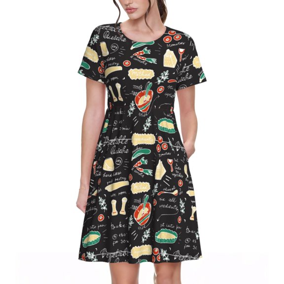 Picia Vegetable Quiche Pattern Women's Short Sleeve Summer Dress Pleated Loose Swing Knee Length Short Sleeve Swing Dresses