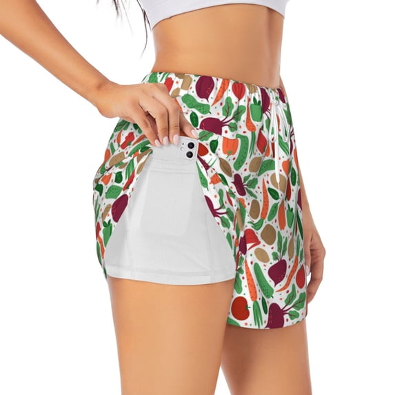 Picia Vegetables Pattern Women's 2 in 1 Athletic Running Shorts High Waisted Workout Casual Gym Sweat Shorts with Comfy Liner Zipper Pockets-X-Large
