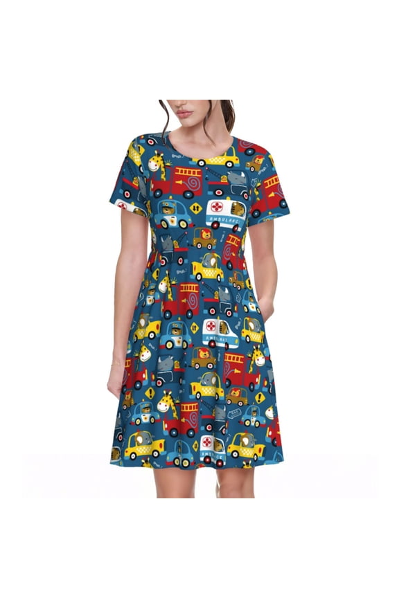 Vehicles Cartoon with Funny Drivers,Animal Drivers Pattern Women's Short Sleeve Summer Dress Pleated Loose Swing Knee Length Short Sleeve Swing Dresses