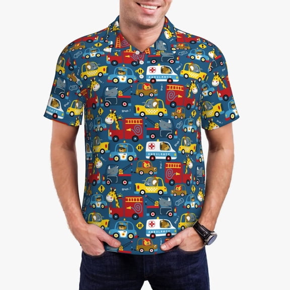 Picia Vehicles Cartoon with Funny Drivers,Animal Drivers Print Men's Polo Shirt, Two-Button Closure Pique Polo Shirt, Summer Fashion Golf Shirt-X-Large