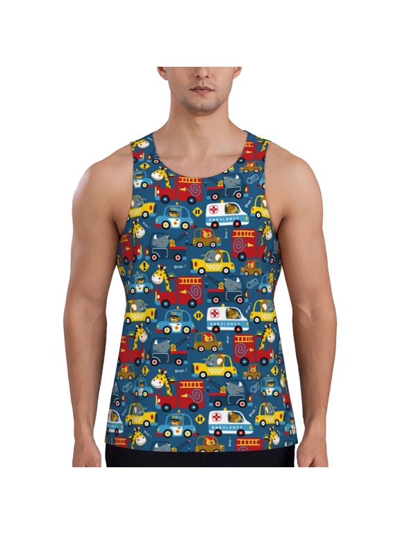 Vehicles Cartoon with Funny Drivers,Animal Drivers Printed Mens Performance Tank, Men's Workout Tank Top Moisture-Wicking Tank Top Muscle tee, Breathable Workout Shirt-X-Large