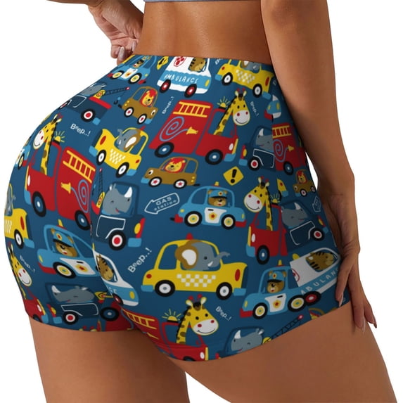 Picia Vehicles Cartoon with Funny Drivers,Animal Drivers Printed Workout Shorts for Women Seamless Scrunch Butt Lifting High Waisted Yoga Gym Booty Running Moisture-wicking Short Pants-X-Large