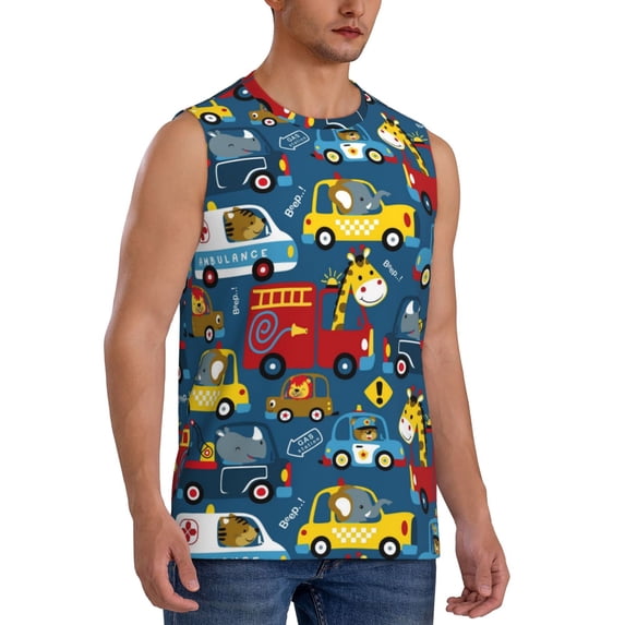 Picia Vehicles Cartoon with Funny Drivers mens Cotton Tank Undershirts , Moisture-wicking Ribbed Tanks, Lightweight Cotton Tank Undershirts-XX-Large