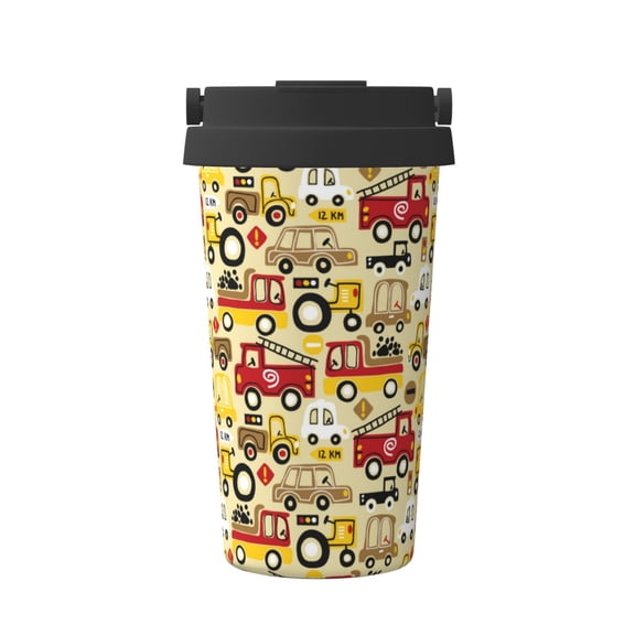 Picia Vehicles Pattern 500ml Carry Insulated Coffee Mug, Stainless Steel Travel Mug with Hidden Handle, Leak-Proof for Car, Office, Home, and Outdoor Use