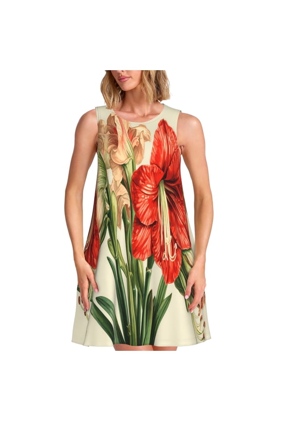 Vibrant Amaryllis Flowers Print Women’s Sleeveless Midi Swing Dress – A-Line Pleated Tank Sundress, Comfortable and Flowy T-Shirt Dress